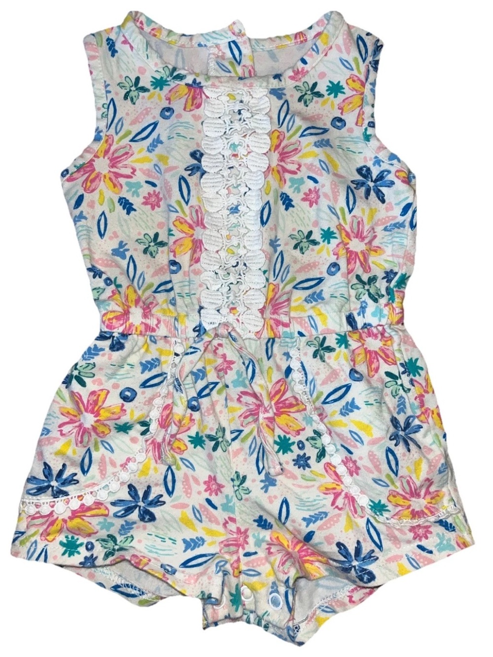Girls Floral Lace-Front Romper - White Multicolor Ricrac And Ruffles Size 2T